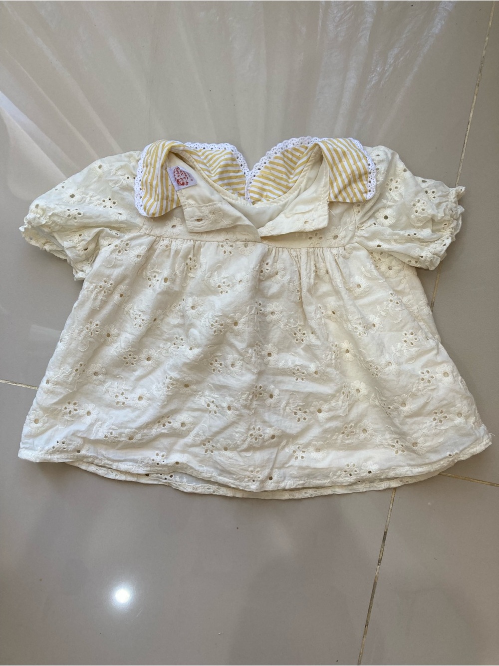 Girls' Eyelet Puff Sleeve Top with Striped Collar - Cream